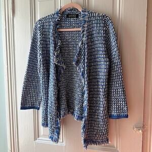 Kasper Sweater Womens Medium Blue White Tweed Open Cardigan Jacket 3/4 Sleeve